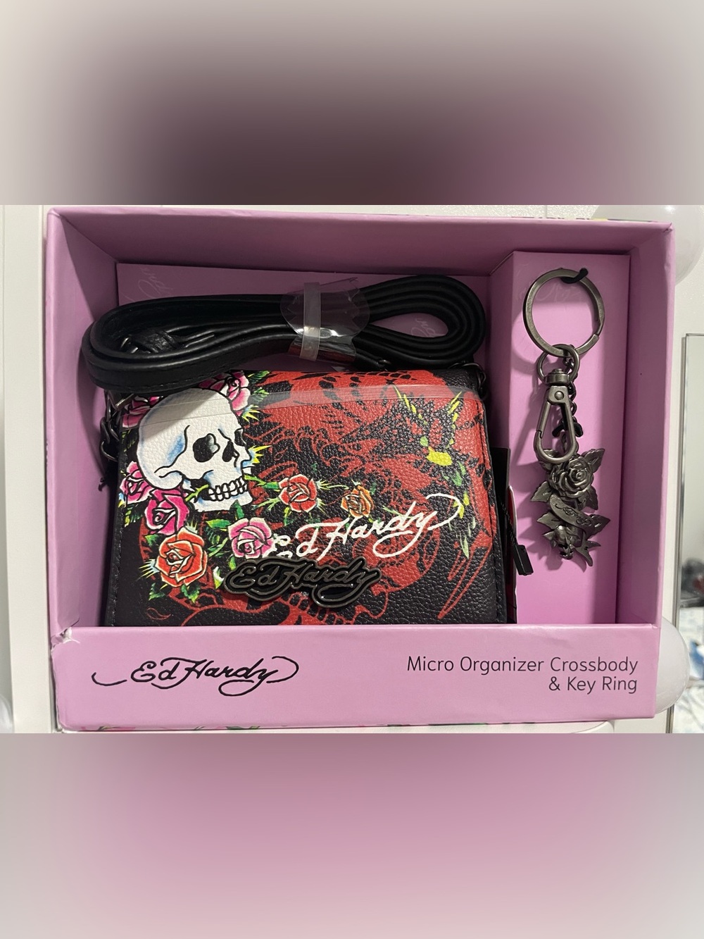 Ed Hardy Red, Black and White Skull & Rose Micro Organizer Wallet
